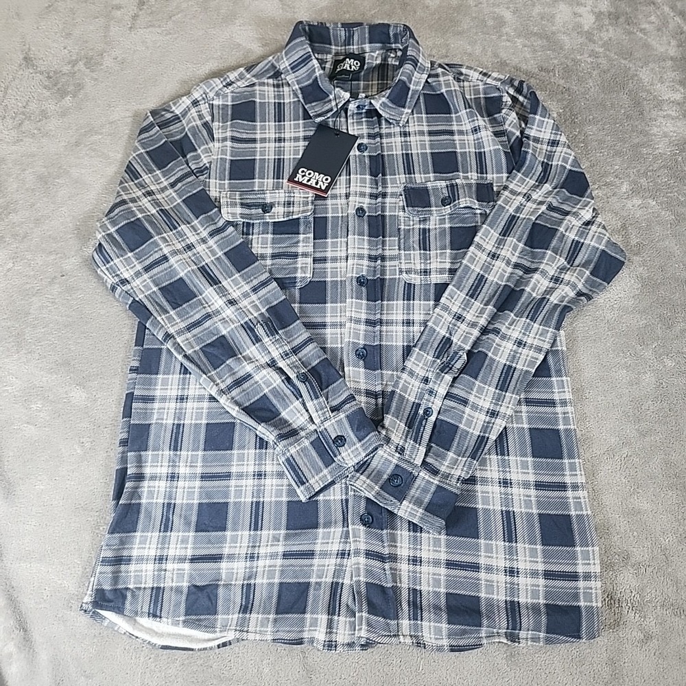 COMO Man Shirt Mens Medium‎ Blue Plaid Long Sleeve Button Up Flannel Gorpcore